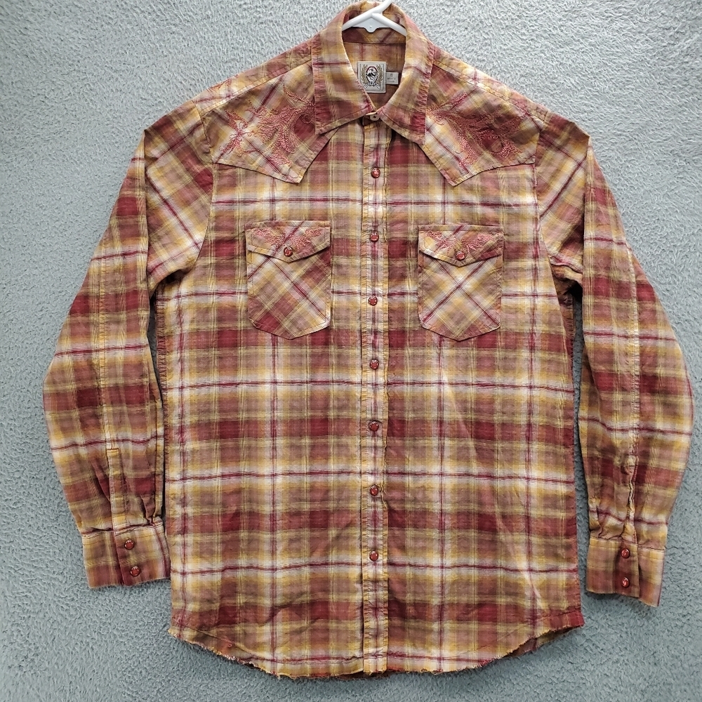 Cinch Pearl Snap Shirt Womens Small Plaid Embroidered Western Long Sleeve
